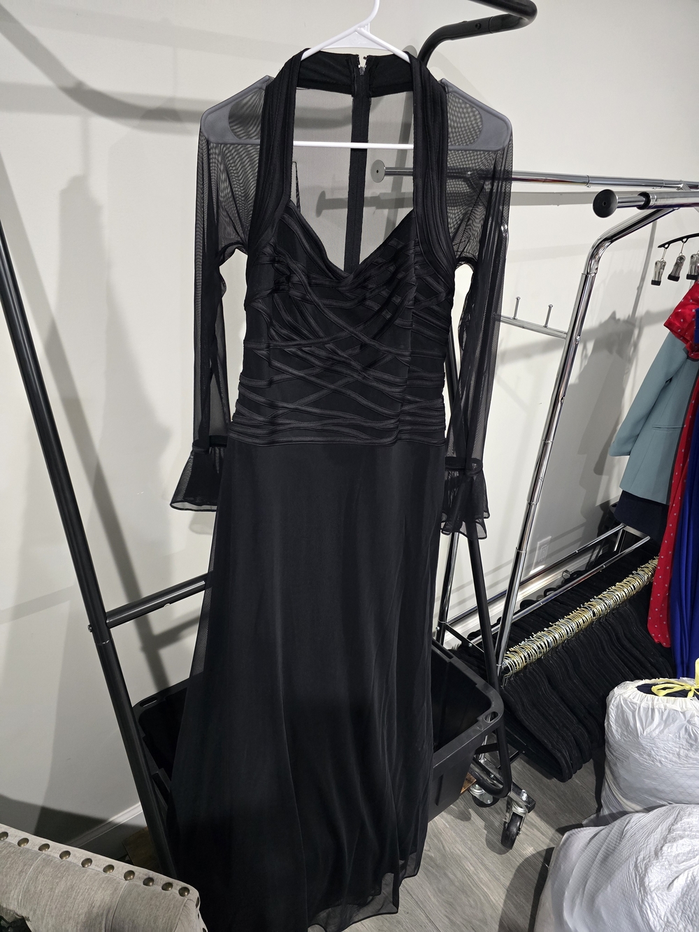 Tadashi Shoji Black Sheer Sleeve Ruched Bodice Maxi Dress